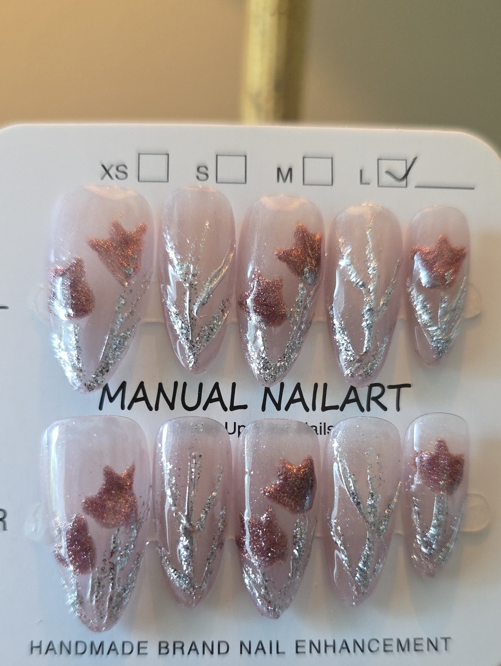 Pink Glitter Floral Press-On Nails Size Large